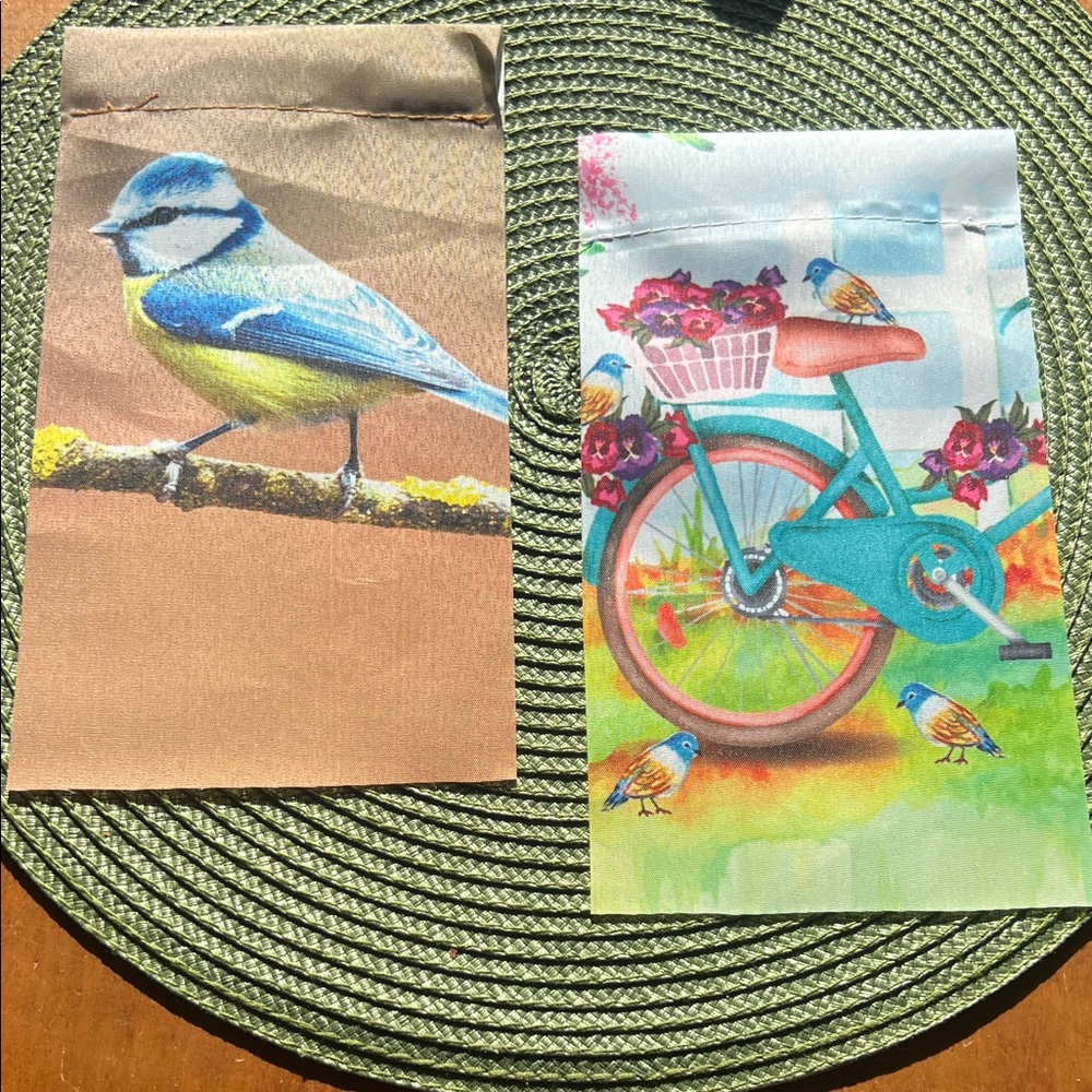 Colorful Bird and Bicycle Art small flags